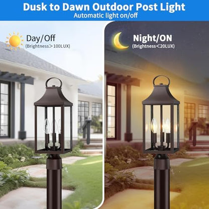 18.62'' Dusk to Dawn Post Light Outdoor, Large 3-Light Lamp Post Light