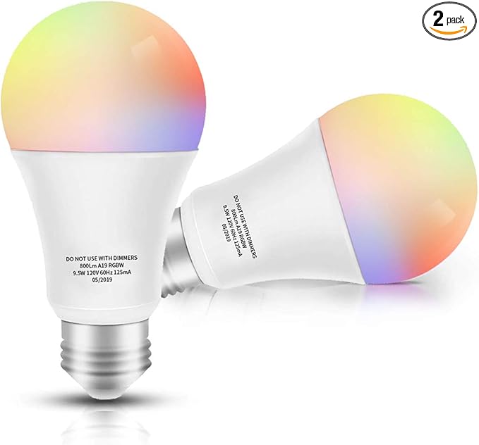 micmi Smart LED Bulb WiFi Multicolor Light Bulb Compatible with Alexa, Echo, Google Home No Hub Required, E26 A19 60W Equivalent RGBW Color Changing, 9.5W White 2700K-5500K Dimmable UL Listed, 2pack