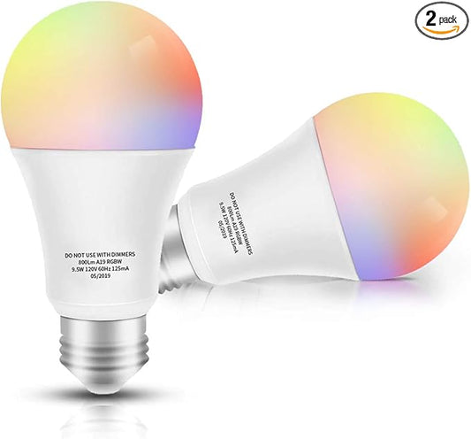 micmi Smart LED Bulb WiFi Multicolor Light Bulb Compatible with Alexa, Echo, Google Home No Hub Required, E26 A19 60W Equivalent RGBW Color Changing, 9.5W White 2700K-5500K Dimmable UL Listed, 2pack