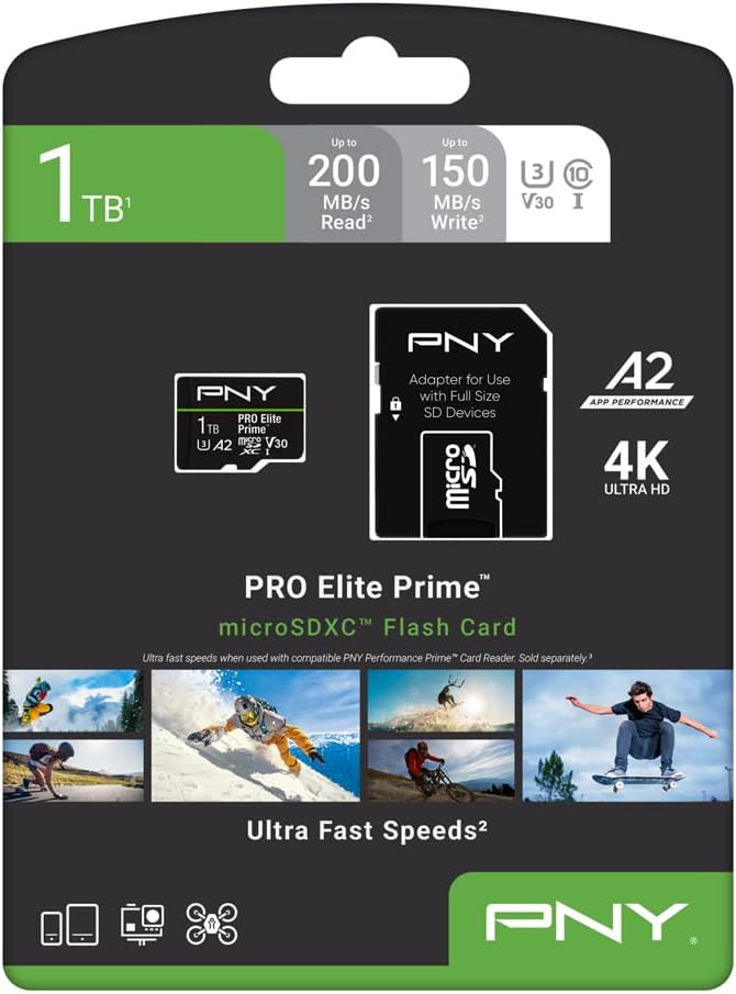 PNY 1TB PRO Elite Prime™ C10 U3 V30 A2 microSDXC Flash Memory Card – Ultra-Fast Speeds, Read 200MB/s, Write 150MB/s, 4K UHD, Full HD, UHS-I, for Smartphones, Drones, Action Cameras