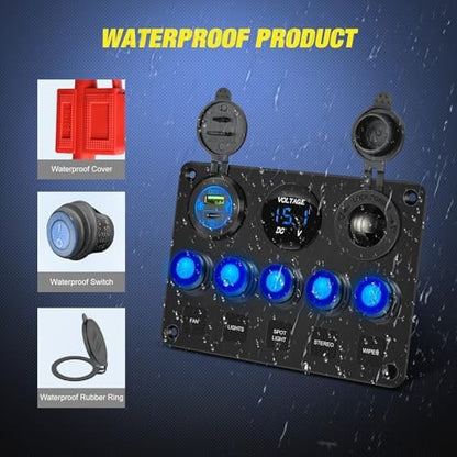 Nilight 5 Gang Multi Function Switch Panel Waterproof Pre-Wired