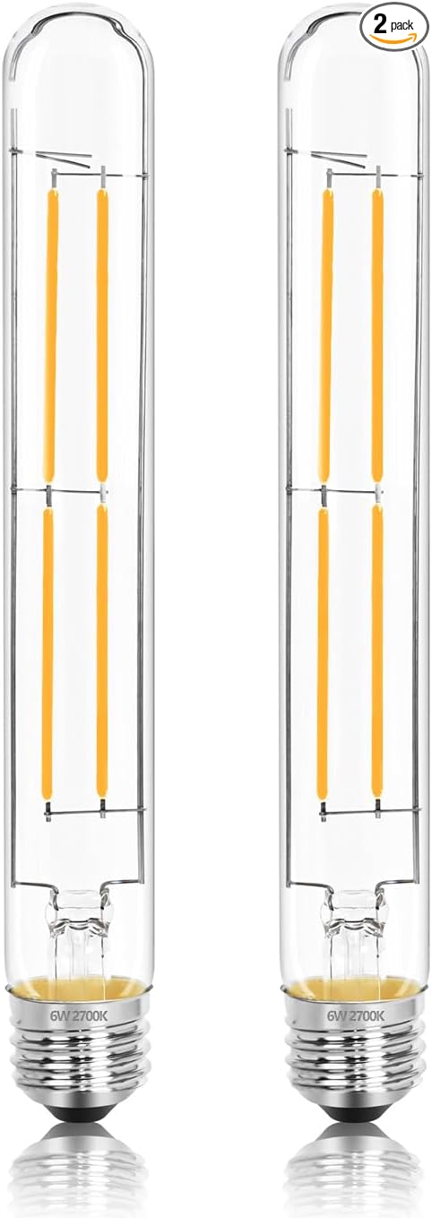 8.9IN LED Light Bulbs E26 Base, 6W 800LM 2700K Soft White T10 T9 Vintage Edison Bulbs Dimmable, AC 120V Equal 80 Watt Clear Glass Long Tubular Filament Bulb, UL Certified - 2Pack