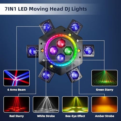 Moving Head DJ Lights, 6 Arms Party Fixtures with Light Strip, 150W RGBW 4 in1 LED Stage Lights, DMX512 & Sound Activated Rotating Light, for Parties Disco Club Bar KTV Wedding