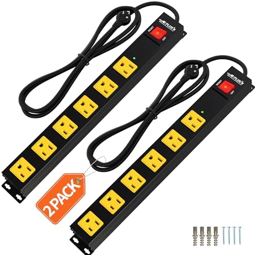 Power Strip 2700J Surge Protector, 2 Pack 6 Outlet Heavy Duty Power Strips with Flat Plug and 6FT Long Cord, Wall Mountable Metal Outlet Strip for Desk, Garage, Workbench and Kitchen
