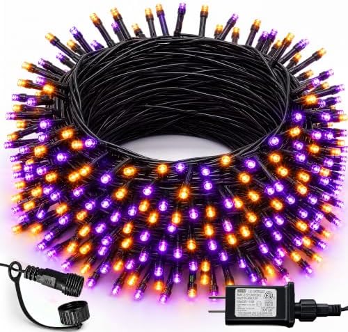DAZZLE BRIGHT Halloween 300 LED String Lights, 100FT String Lights with 8 Lighting Modes, Halloween Decorations for Party Carnival Supplies, Outdoor Yard Garden Decor (Purple & Orange)