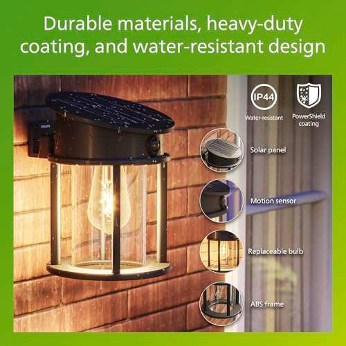 Philips Solar LED 1-Pack Geri UltraEfficient Outdoor Wall Light, Motion Sensor, 2700K, Round, Black, 500 Lumen, High Brightness, Glass, Metal