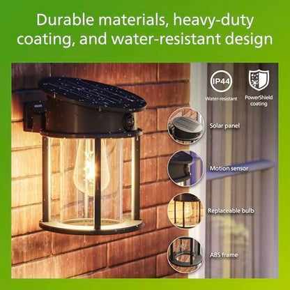 Philips Solar LED 1-Pack Geri UltraEfficient Outdoor Wall Light, Motion Sensor, 2700K, Round, Black, 500 Lumen, High Brightness, Glass, Metal