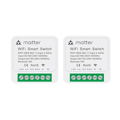 Matter Smart Switch, Smart Light Switch, WiFi Mini DIY Module, eWeLink Web, Flush-Mounted, APP & Voice Control, Smart Switches for Lights Compatible with Apple, Alexa & Google, 2PCS