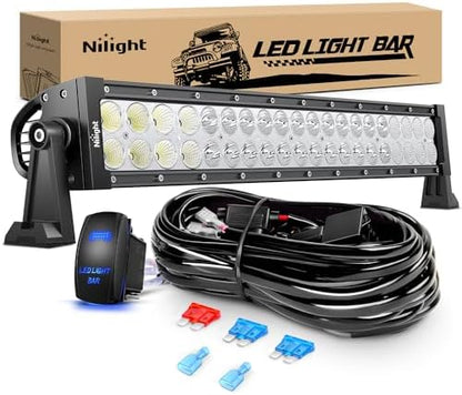 Nilight 22Inch 120W Spot Flood Combo Led Light Bar Off Road Driving Lights Boat Lights Fog Light 12V On/Off 5 Pin Rocker Switch Power 16AWG Wiring Harness Kit-1 Lead for Trucks,2 Years Warranty