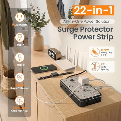 6 FT Surge Protector Power Strip with 6 USB, 16 Outlets, 2400J