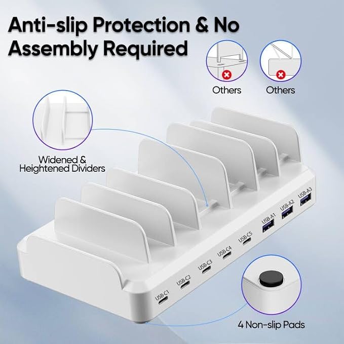 Lcssio 300W Charging Station for Multiple Devices, 8 Port Fast Charger | Fast Charging, Safety Certified, Compact Design, Organized Charging, Multiple Devices at Once, With 6 Cables