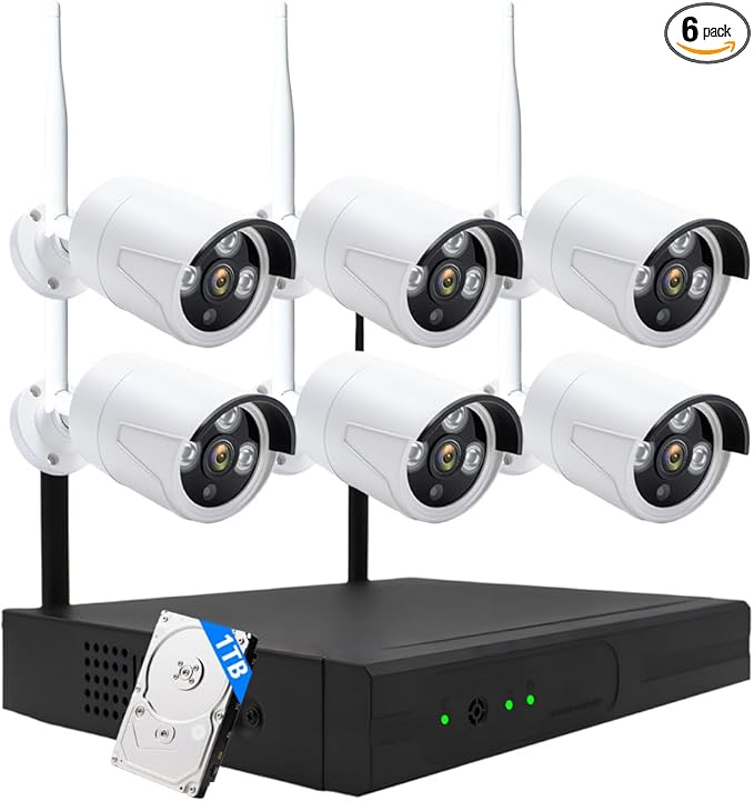 3MP Wireless Security Camera System – 6 Wi-Fi Bullet Cams + 10CH NVR, 15m IR Night Vision, IP66 Weatherproof, H.265, Plug-and-Play Indoor/Outdoor Surveillance, Mobile Alerts, Dual Storage