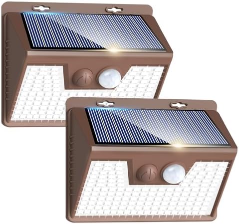 Peasur 2 Pack Solar Lights for Outside, Motion Sensor Outdoor Lights, 140LED Solar Security Lights 3 Working Modes, Solar Lights Outdoor Waterproof for Outside Garden Yard Fence (Brown Frame)