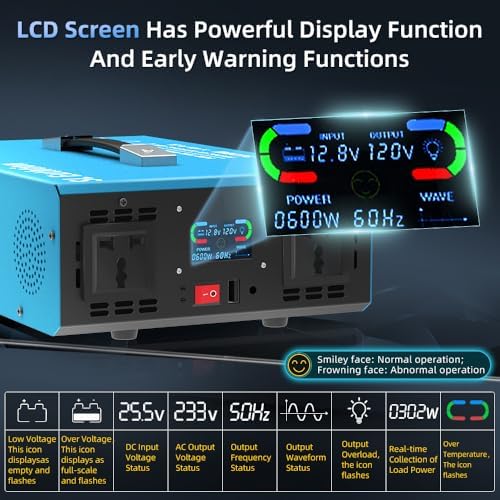 2000W Pure Sine Wave Power Inverter Voice Control AI Voice Assistant Support English 24V to 120V 60HZ with LCD Display, USB Port, for Car Home Laptop Truck