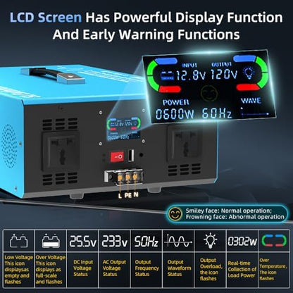 4000W Pure Sine Wave Power Inverter Voice Control AI Voice Assistant Support English 24V to 120V 60HZ with LCD Display, USB Port, for Car Home Laptop Truck