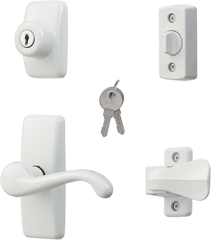 Ideal Security GL Door Lever Set with Keyed Deadbolt Lock for Storm and Screen Doors, White (4-Piece Set)