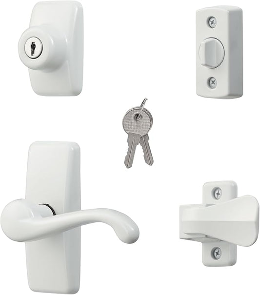 Ideal Security GL Door Lever Set with Keyed Deadbolt Lock for Storm and Screen Doors, White (4-Piece Set)