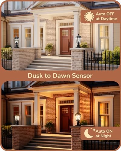 EDISHINE Dusk to Dawn Outdoor Post Light with Pier Mount Base, Hardwired Black Roman Waterproof Pole Lantern Fixture, Water Ripple Glass Exterior Lamp Post Light for Driverway, Patio, Pathway