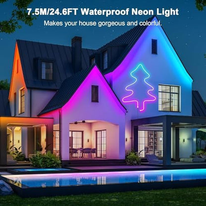 Cozylady RGB Neon Light LED Rope Light,Waterproof Bluetooth APP Remote Control Music Sync Strip Light,24V Flexible DIY Silicone Light for Bedroom Home Indoor Outdoor Decoration (25Ft/7.5M)