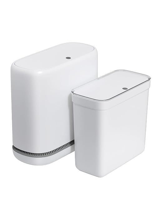 Dog Proof Small Bathroom Trash Can with Lid, Slim Press Top Garbage Can, Narrow White Plastic Waste Basket, for Bathroom Bedroom Office 2 Pack Set with 4.8 Gal and 3.3 Gal