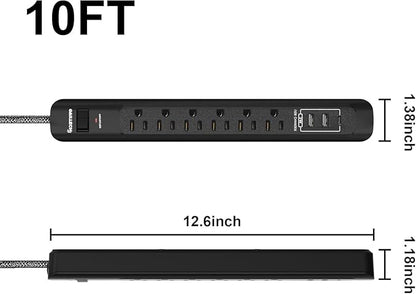 2 Pack Power Strip Surge Protector - 10 Ft Extension Cord with 6 Outlets with 3USB Ports（1 USB C） Port，1875W/15A, Flat Plug, Wall Mount Desk Charging Station for Home Office