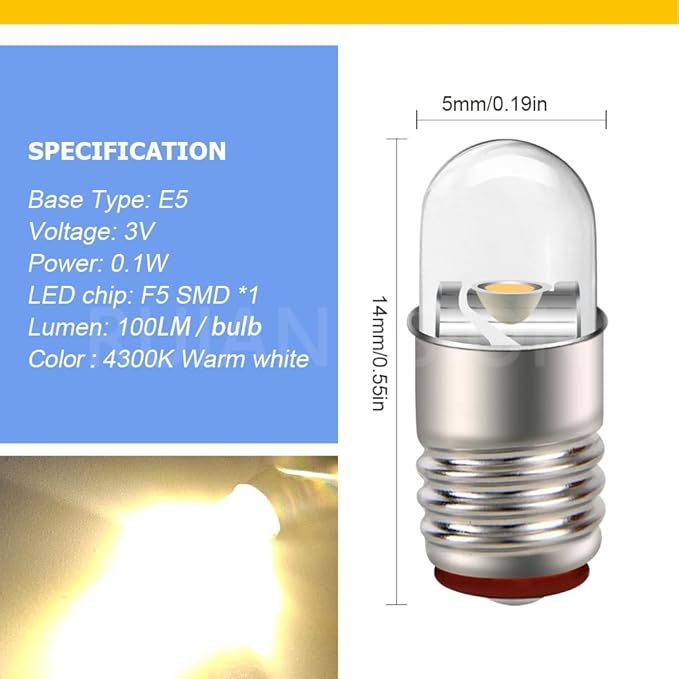 Ruiandsion E5 LED Bulb Warm White 3V E5 E5.5 Screw Base LED Bulb Upgrade for Modle Train Lights(Pack of 4)