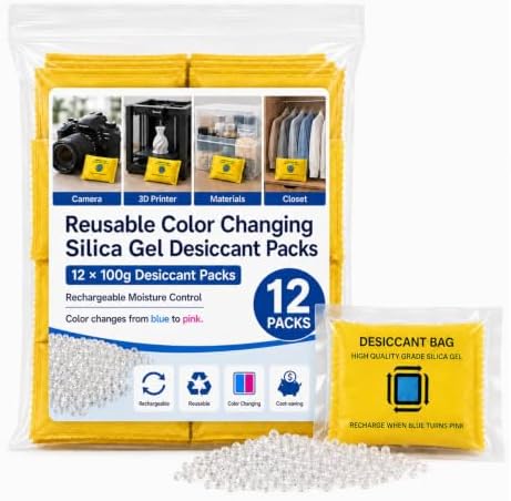 12×100g Reusable Color Changing Silica Gel Desiccant Packs, Rechargeable