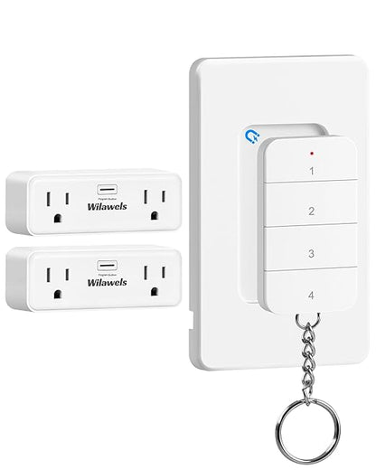 Remote Control Outlet with 4 Independent Control Sockets, WILAWELS Wireless Light Switch, Expandable Remote Outlet Switch forChristmas Tree Lights, String Lights, 15A/1875W/125V, FCC Listed