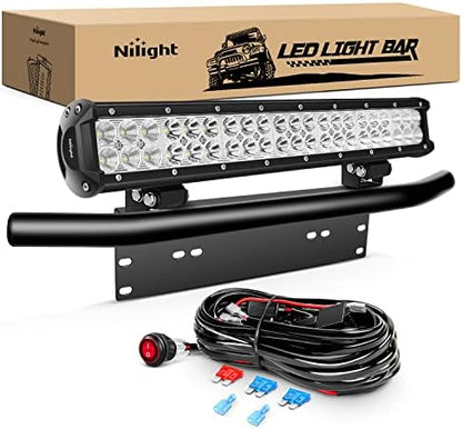Nilight 20Inch 126W LED Light Bar Spot Flood Combo Driving Off Road with Front License Plate Mounting Bracket Wiring Harness for Trucks Pickup Car SUV ATV UTV 4x4 Van Camper, 2 Years Warranty