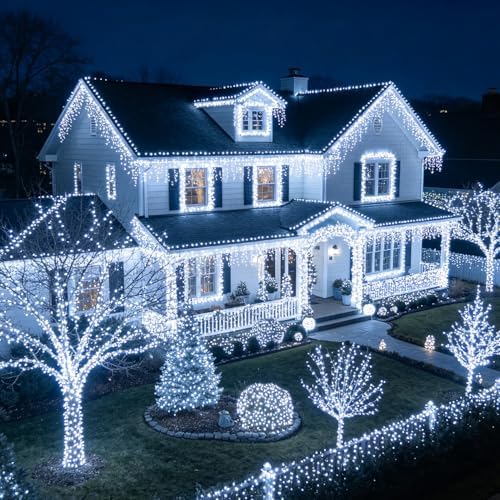 LJLNION 300 LED String Lights Outdoor Indoor, Extra Long 98.5FT Super Bright Christmas Lights, 8 Lighting Modes, Plug in Waterproof Fairy Lights for Holiday Wedding Party Bedroom Decorations ( White)