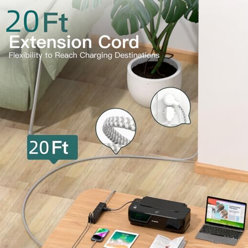 20FT Long Extension Cord, Power Strip with 12 AC Outlets & 4 USB Ports
