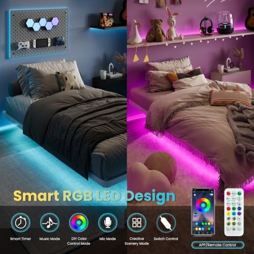 SHA CERLIN Twin Size Floating Bed Frame with Smart LED Lights, White