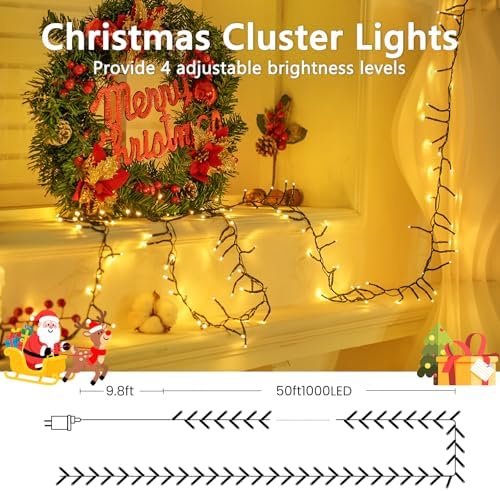 BHCLIGHT 50FT 1000LED Cluster Christmas Lights with Remote, Warm White