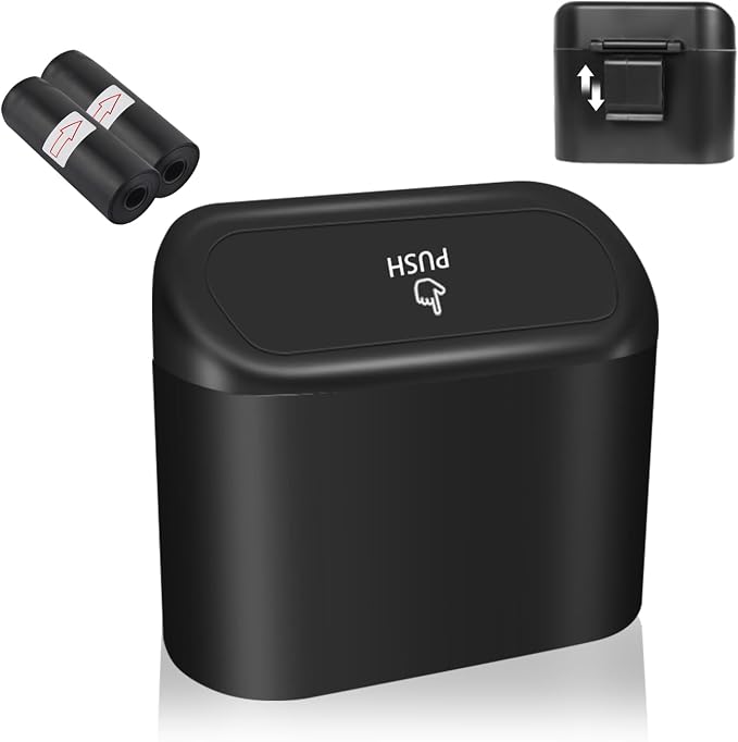 Portable Car Trash Cans with 2 Rolls Garbage Bag,Push-on Car Trash Bin with Lid & Hook for in-Vehicle Waste Disposal,Multipurpose Seat Organizer & Storage for Most Vehicles (Black)
