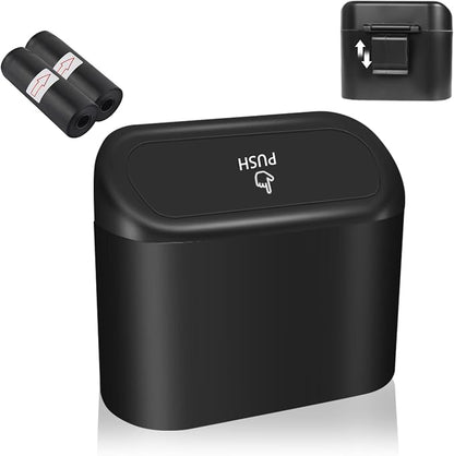 Portable Car Trash Cans with 2 Rolls Garbage Bag,Push-on Car Trash Bin with Lid & Hook for in-Vehicle Waste Disposal,Multipurpose Seat Organizer & Storage for Most Vehicles (Black)