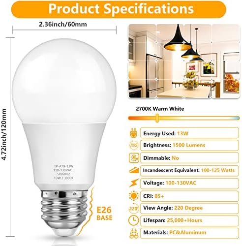 MAXvolador A19 LED Light Bulbs, 100 Watt Equivalent, Warm White 2700K, 1500 Lumens, E26 Base, Non-Dimmable, 13W Bright LED Bulbs, 4-Pack