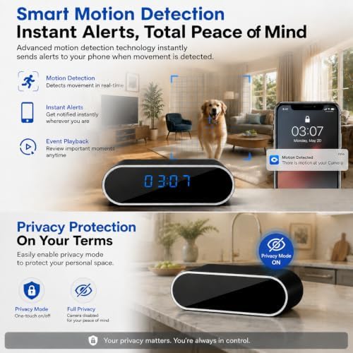 1080P HD WiFi Clock Hidden Camera, Wireless Indoor Security Spy Camera for Home Office,Surveillance Camera with Motion Detection & Night Vision, Remote Monitoring Nanny Cam for Baby Pet
