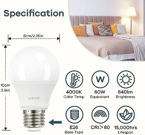 Linkind A19 LED Light Bulbs, 60 Watt Equivalent, 4000K Cool White 6 Packs