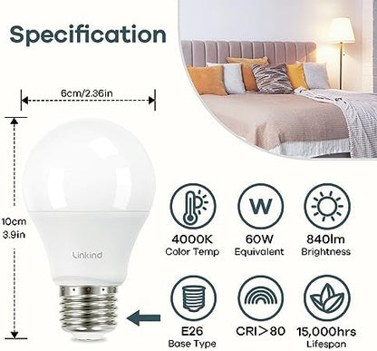 Linkind A19 LED Light Bulbs, 60 Watt Equivalent, 4000K Cool White 6 Packs