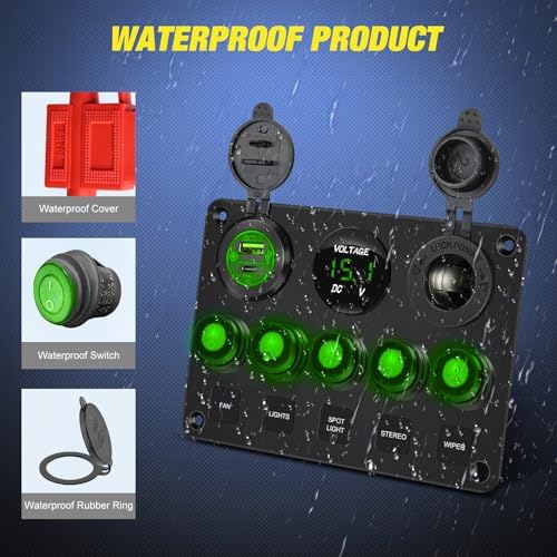 Nilight 5 Gang Multi Function Waterproof Switch Panel Green