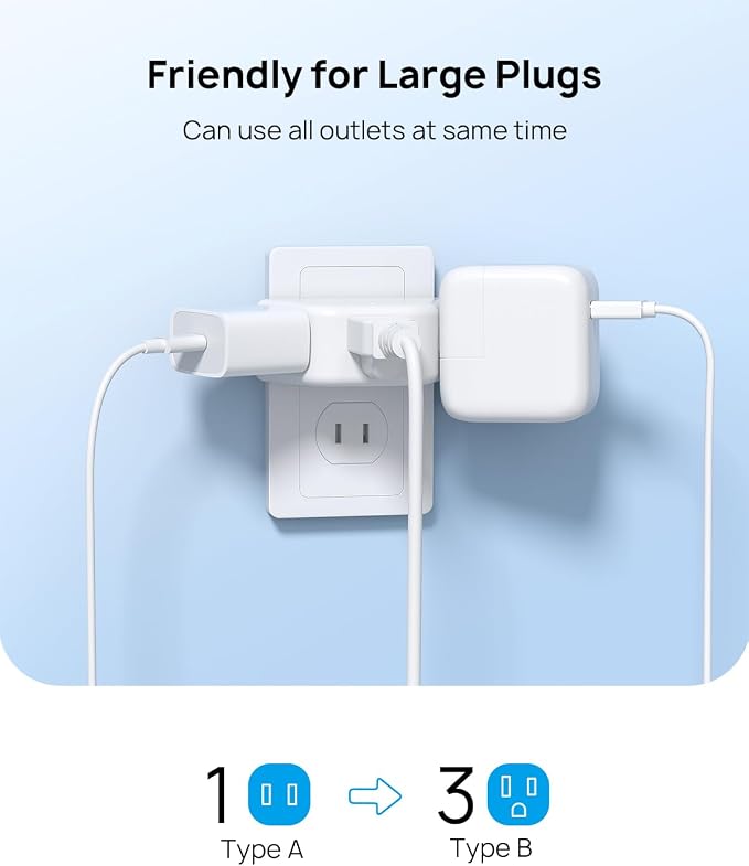 TROND 2 Prong to 3 Prong Outlet Adapter for Old House | 3-Way Angled Plug Extender with 3 AC Sockets, Plug Splitter for Non-Grounded Socket in Home Hotel, Cruise Essentials, White