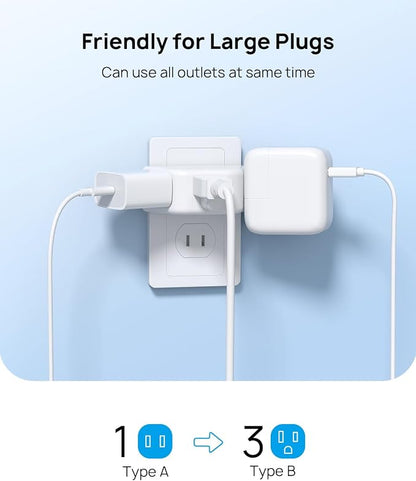 TROND 2 Prong to 3 Prong Outlet Adapter for Old House | 3-Way Angled Plug Extender with 3 AC Sockets, Plug Splitter for Non-Grounded Socket in Home Hotel, Cruise Essentials, White
