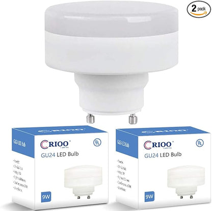 CRIOO GU24 LED Puck Light Bulb, 9W(60w CFL Equivalent), 2700K, 800LM, UL Listed, 2 Prong Light Bulbs for Home Kitchen Closet, Mini Twist Lock Spiral Low Profile Squat Bulb (2 Pack)