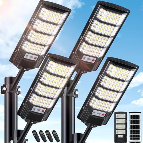 Yusist 4 Pack Solar Street Lights Outdoor Waterproof, 6500K LED Motion Sensor Lights, Dusk to Dawn Solar Flood Lights with Remote,Parking Lot Light,Commercial Area Lighting for Outside