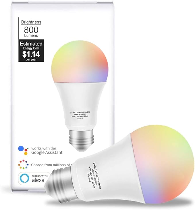 micmi Smart LED Bulb WiFi Multicolor Light Bulb Compatible with Alexa, Echo, Google Home No Hub Required, E26 A19 60W Equivalent RGBW Color Changing, 9.5W White 2700K-5500K Dimmable UL Listed, 1pack
