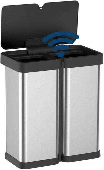 30L+30L Dual Compartment Motion Sensor Trash Can, 16Gal Automatic Kitchen Recycling Bin with Soft-Close Lid & Fingerproof Stainless Steel (Silver)