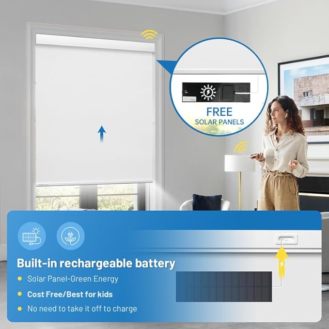 Motorized Blinds with Remote, [Free Solar Panels] Cordless Smart Blinds with Valance Cover, Blackout Electric Blinds with Remote Control, Automatic Roller Shades for Windows White 34¼"W x 72" H