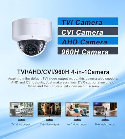 Real HD Analog 4K Outdoor Security Camera, Vandal Dome 8MP CCTV-Coax-BNC, 2.8MM Lens 65ft Night Vision, 100° Angle, 4 in 1 (TVI/CVI/AHD/CVBS) DVR Required, Not Included