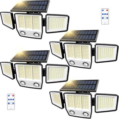 MDCMDCM Solar Motion Sensor Outdoor Lights Waterproof - 3000LM 3 Modes Security Lights Outdoor 270° Illumination IP65 LED Solar Flood Wall Light for Garden Yard Patio Pathway (with ‎Remote Control,4)