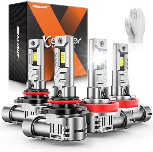 SEALIGHT 9005 H11 Bulbs,100,000LM 900% Brightness HB3 H8/H9 Light Bulbs, 6500K Cool White Bulbs with 15000RPM Fan, Plug and Play ATV/UTV, 10-Year Extended Lifespan IP68 Waterproof, Pack of 4